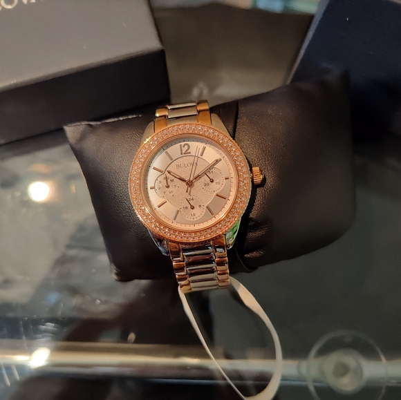 Bulova Women's Quartz Swarovski Crystal Two-Tone 38mm Watch 98N100 - Picture 3 of 5